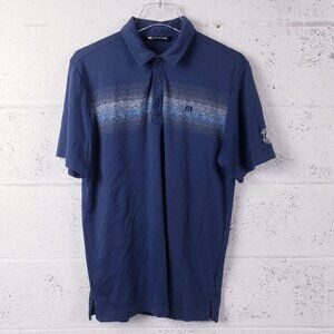 Travis Mathew Polo Golf Shirt Mens Medium Striped Blue Cotton Poly Blend Shirt